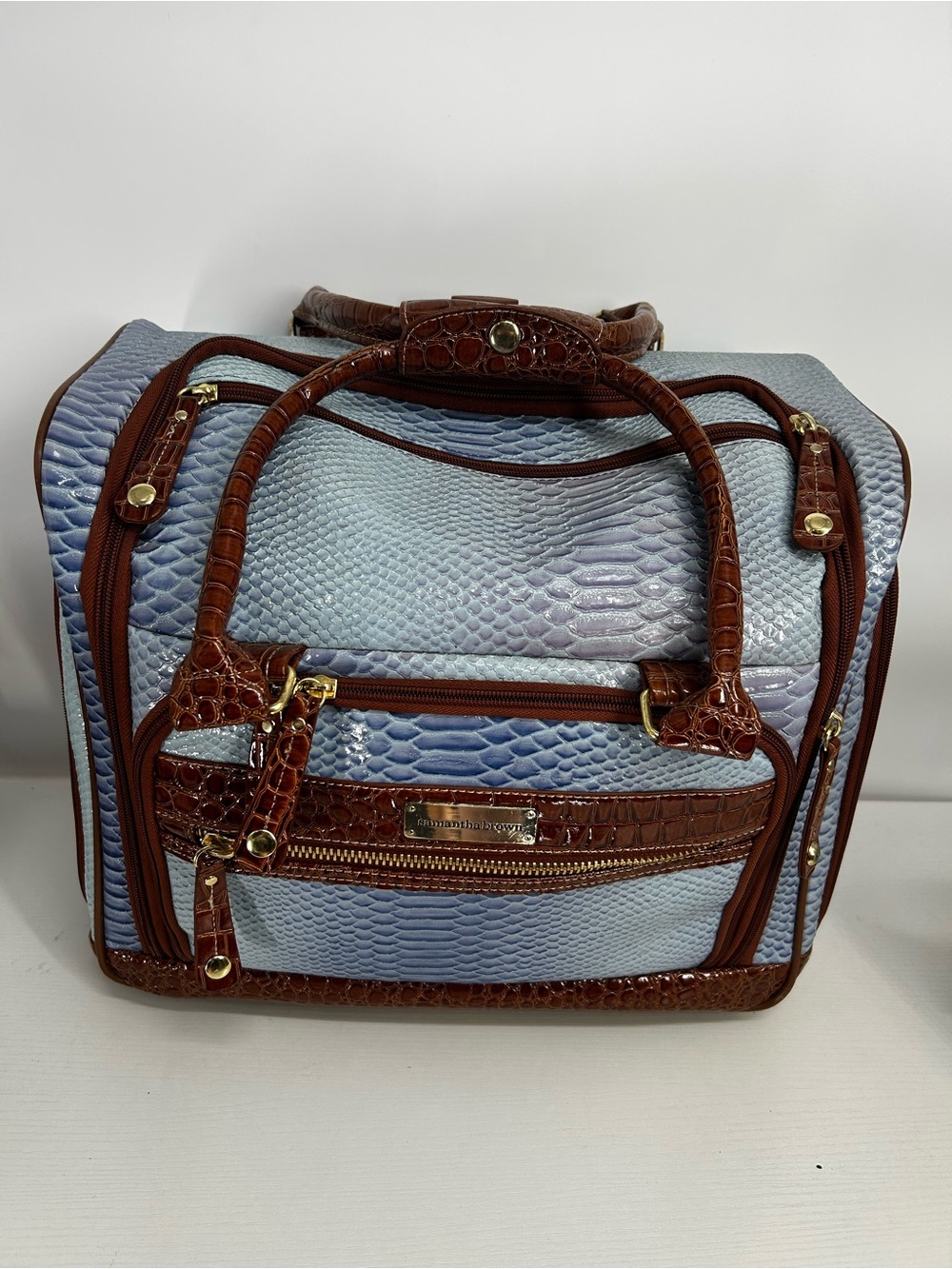 Samantha Brown Suitcase Bag Under Seat Basketweave Wheeled 15" Carryon Croc Blue